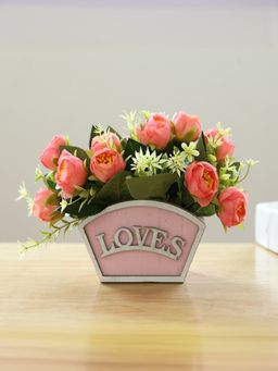 Gleevers - Artificial Plants with Wooden Pot- Little Orange Tea Rose Flowers