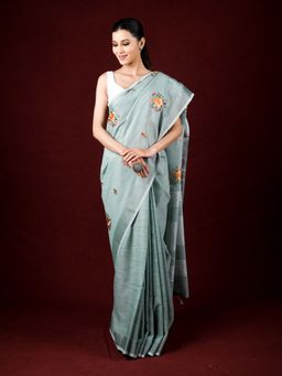 EXCLUSIVA - Green Linen Saree Embroidery and Thread Work with Unstitched Blouse
