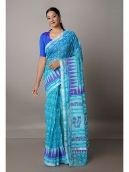 Unnati Silks - Blue Pure Block Printed Kota Cotton Saree with Unstitched Blouse