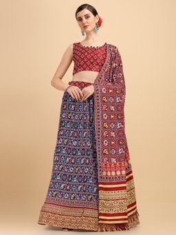 Amrutam Fab - Womens Navy Blue Color Satin Digital Print Crush Designer Lehenga Choli (Set of 3)