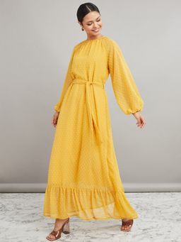 Styli - Yellow Long Volume Sleeves Dobby A-Line Maxi Dress with Tie Belt (Set of 2)