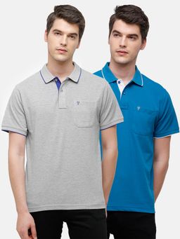 Classic Polo - Men Solid Grey & Blue Cotton Blend Regular Fit Polo T-Shirts (Pack of 2)