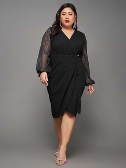 Miss Chase - Women Black Solid Wrap Knee-Length Dress