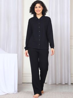 Kanvin - Women Winter Textured Black Shirt with Pajama (Set of 2)