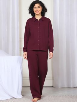 Kanvin - Women Winter Textured Red Shirt with Pajama (Set of 2)