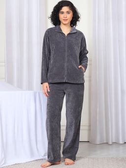Kanvin - Women Winter Textured Charcoal Top with Pajama (Set of 2)