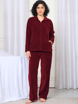 Kanvin - Women Winter Textured Maroon Top with Pajama (Set of 2)