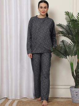 Kanvin - Women Winter Printed Navy Blue Top with Pajama (Set of 2)