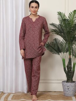 Kanvin - Women Winter Printed Red Kurti with Pajama (Set of 2)