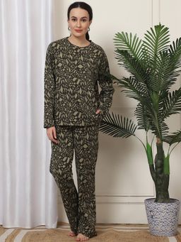 Kanvin - Women Winter Printed Green Top with Pajama (Set of 2)