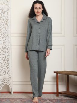 Kanvin - Women Winter Textured Green Shirt with Pajama (Set of 2)