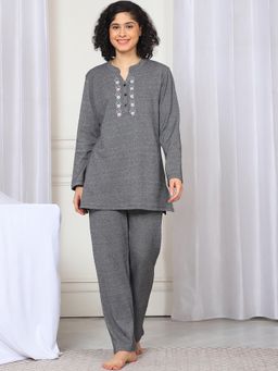 Kanvin - Women Winter Embroidered Black Kurti with Pajama (Set of 2)