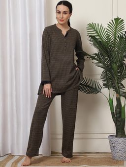 Kanvin - Women Winter Printed Charcoal Kurti with Pajama (Set of 2)