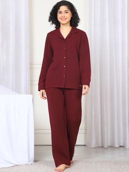 Kanvin - Women Winter Textured Red Shirt with Pajama (Set of 2)