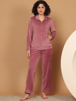 Kanvin - Women Winter Solid Pink Jacket with Pajama (Set of 2)