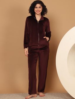 Kanvin - Women Winter Solid Brown Jacket with Pajama (Set of 2)