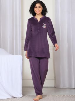 Kanvin - Women Winter Solid Purple Kurti with Pajama (Set of 2)
