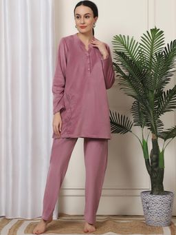 Kanvin - Women Winter Solid Pink Kurti with Pajama (Set of 2)