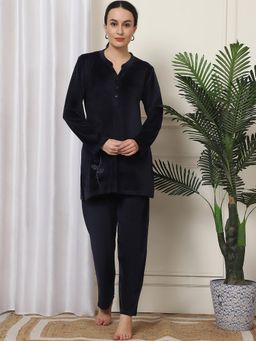 Kanvin - Women Winter Solid Navy Blue Kurti with Pajama (Set of 2)