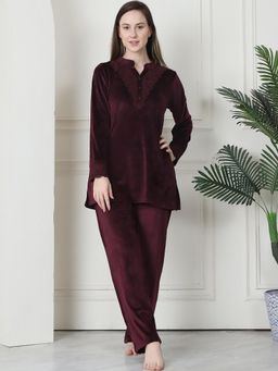 Kanvin - Women Winter Solid Maroon Kurti with Pajama (Set of 2)