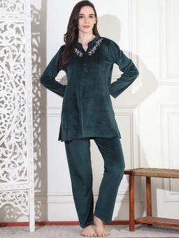 Kanvin - Women Winter Embroidered Teal Kurti with Pajama (Set of 2)