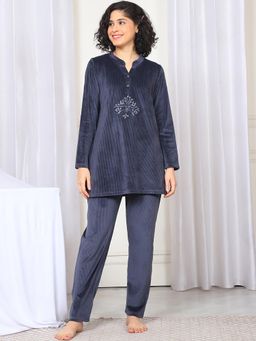 Kanvin - Women Winter Stripes Blue Kurti with Pajama (Set of 2)