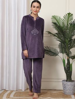Kanvin - Women Winter Stripes Purple Kurti with Pajama (Set of 2)
