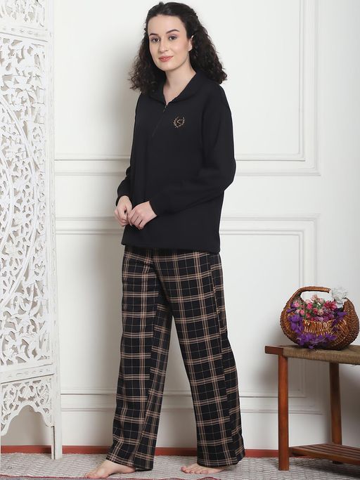 Buy Kanvin Women Winter Solid Black Top with Pajama (Set of 2) (S