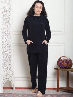 Kanvin - Women Winter Solid Navy Blue Top with Pajama (Set of 2)