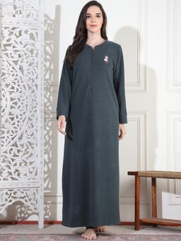 Kanvin - Women Winter Solid Green Night Dress