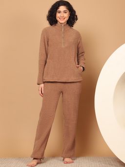 Kanvin - Women Winter Textured Beige Top with Pajama (Set of 2)