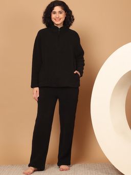 Kanvin - Women Winter Textured Black Top with Pajama (Set of 2)