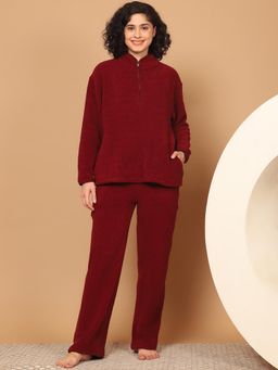 Kanvin - Women Winter Textured Maroon Top with Pajama (Set of 2)