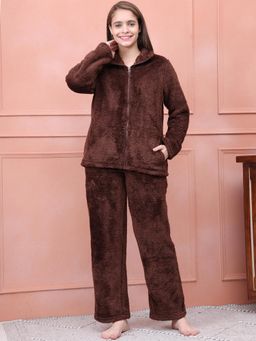 Kanvin - Women Winter Textured Brown Jacket with Pajama (Set of 2)