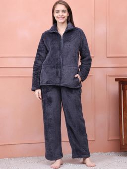 Kanvin - Women Winter Textured Charcoal Jacket with Pajama (Set of 2)