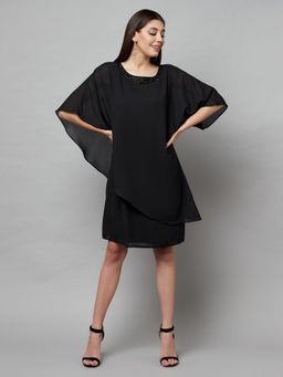 Attic Salt - Black Solid-Plain Popover Dress With Neck Embellishment