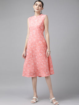 Yufta - Women Peach Printed Cotton Slub A Line Dress