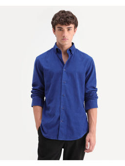 Rare Rabbit - Blue Cotton Full Sleeves Regular Fit Mandarin Neck Solid Shirt