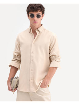 Rare Rabbit - Cream Cotton Full Sleeves Regular Fit Mandarin Neck Solid Shirt