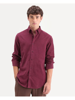 Rare Rabbit - Maroon Cotton Full Sleeves Regular Fit Mandarin Neck Solid Shirt