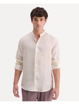 Rare Rabbit - Cream Linen Full Sleeves Regular Fit Mandarin Neck Solid Shirt