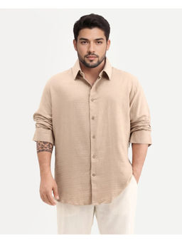 Rare Rabbit - Beige Cotton Full Sleeves Oversized Fit Collar Neck Textured Shirt