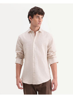 Rare Rabbit - Beige Polycotton Full Sleeves Regular Fit Collar Neck Textured Shirt