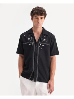Rare Rabbit - Black Polycotton Half Sleeves Relaxed Fit Collar Neck Embroidered Shirt