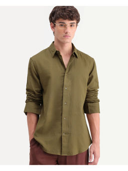 Rare Rabbit - Green Cotton Full Sleeves Regular Fit Collar Neck Solid Shirt