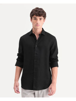 Rare Rabbit - Black Linen Full Sleeves Regular Fit Collar Neck Solid Shirt