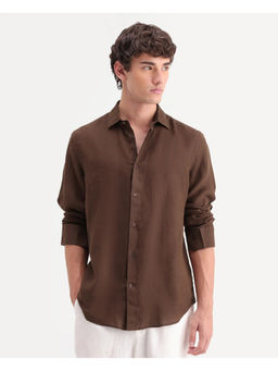 Rare Rabbit - Brown Linen Full Sleeves Regular Fit Collar Neck Solid Shirt