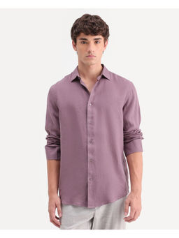 Rare Rabbit - Mauve Linen Full Sleeves Regular Fit Collar Neck Solid Shirt