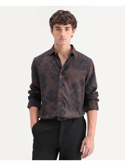 Rare Rabbit - Brown Viscose Rayon Full Sleeves Regular Fit Collar Neck Floral Shirt