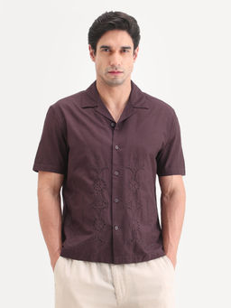 Rare Rabbit - Wine Cotton Half Sleeves Relaxed Fit Collar Neck Embroidered Shirt